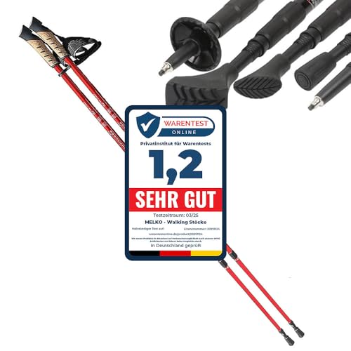 Melko Premium Nordic Walking Stöcke aus Duraluminium, 2er Set, frei verstellbar durch Teleskop-System 65 – 135 cm Gesamtlänge, Rot Melko Premium Nordic Walking Stöcke aus Duraluminium, 2er Set, frei verstellbar durch Teleskop-System 65 – 135 cm Gesamtlänge, Rot von Melko