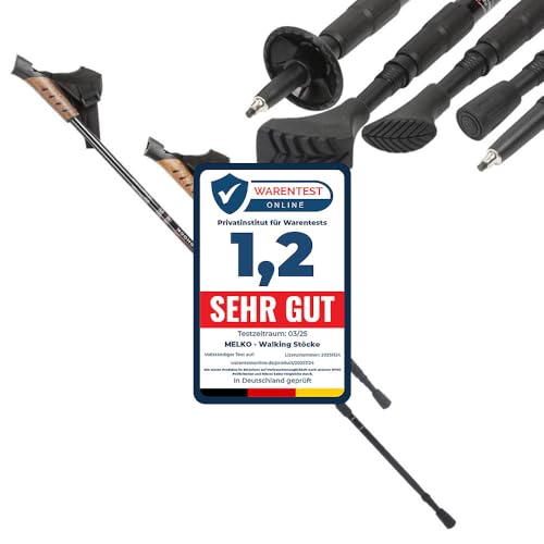 Melko Premium Nordic Walking Stöcke aus Duraluminium, 2er Set, frei verstellbar durch Teleskop-System 65 – 135 cm Gesamtlänge, Schwarz von Melko