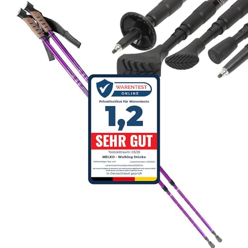 Melko Premium Nordic Walking Stöcke aus Duraluminium, 2er Set, frei verstellbar durch Teleskop-System 65 – 135 cm Gesamtlänge, Violett von Melko