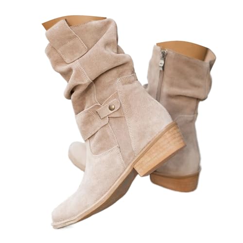 Memmyly Damen Winter Spitz Lässige Halbwadenstiefel Damen Klassische Stiefel Winter Reitstiefel Militär bequem ohne Schnürung Winterschuhe Motorrad Casual Boot Reitstiefel von Memmyly