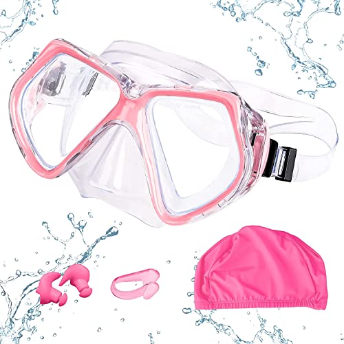 Taucherbrille für Erwachsene, Anti-Beschlag-Schwimmbrille, 180°-Ansicht, Schnorchel-Set mit Nasenklammer, Ohrstöpsel, Badekappe Schwimmbrille (Rosa) von MengQiLe