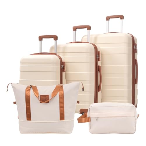 Merax 5-teiliges Gepäckset, Hartschalenkoffer M-L-XL mit 4 Rollen, ABS-Material, TSA-Schloss, L-XL erweiterbar 3-5 cm, inkl. 1 Reisetasche und 1 Kulturbeutel, Beige Merax 5-teiliges Gepäckset, Hartschalenkoffer M-L-XL mit 4 Rollen, ABS-Material, TSA-Schloss, L-XL erweiterbar 3-5 cm, inkl. 1 Reisetasche und 1 Kulturbeutel, Beige von Merax