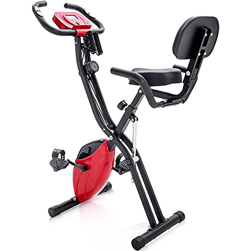 Merax Heimtrainer Fahrrad Klappbar, Fitnessbike mit 10 Widerstandsstufen und Expanderbänder Cycling Bike, Faltbarer Hometrainer Fitnessfahrrad Trainingsgerät klappbar X-Bike Faltbares - Weiss (Rot) von Merax