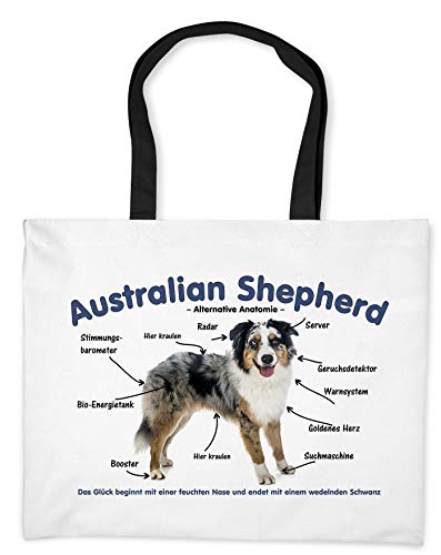 Merchandise for Fans Einkaufstasche - 50 x 38 cm, 19 Liter Schwarze Henkel - Motiv: Australian Shepherd Alternative Anatomie - 01 von Merchandise for Fans