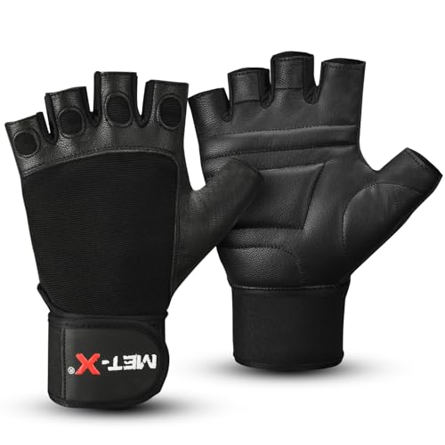 Met-X Gewichtheberhandschuhe, Leder, für Damen und Herren, Workout-Ausrüstung, gepolsterte Handflächenschutz, Kreuzheberhandschuhe mit Handgelenkstütze, Schwarz, Größe XL von Met-X