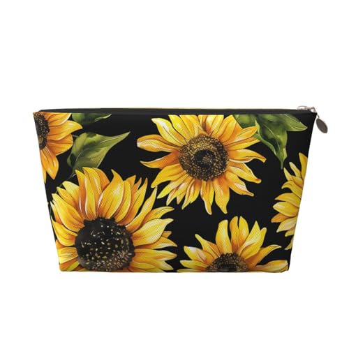 Make-up-Tasche aus Leder mit Aquarell-Sonnenblumen-Motiv, für Damen und Mädchen, mit Reißverschluss, Vintage-Stil, tragbare Reise-Kosmetiktasche, mehrfarbig von Mexpekil