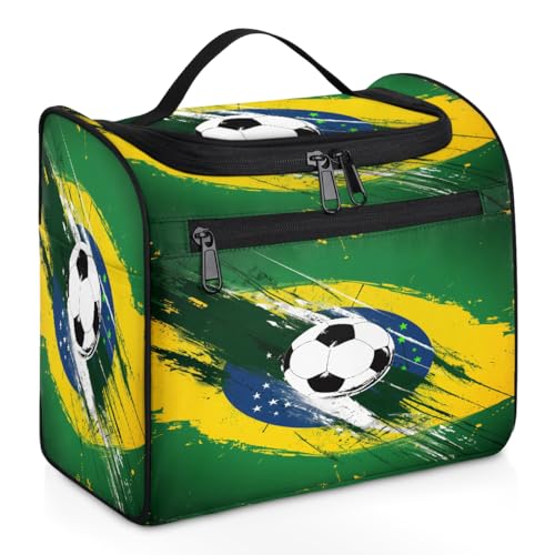 Mexpekil Kulturbeutel zum Aufhängen, mit 11 Fächern, Motiv: Fußball-Flagge, wasserfest, Make-up-Kosmetiktasche, Reise-Organizer für Zubehör, Shampoo, Toilettenartikel in voller Größe, Brasilianische von Mexpekil