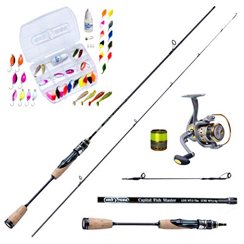 MiRoeFishing Modernes Angelset Ultralight sofort einsatzbereit ! Capital Fish Master 180cm UL-Carbonrute + Angelrolle Expert1000 fertig mit Schnur + Köderset mit Spoon I Gummifisch I Softlures von MiRoeFishing