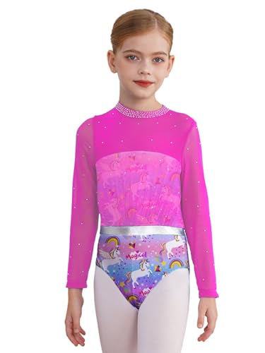 Miaeowve Ballettkleidung Kinder Mädchen Langarm Trikotanzug Stehkragen Tanzbody Strass Glitzer Turntrikot Wettbewerb Tanzkostüm Hot Pink 146-152 von Miaeowve