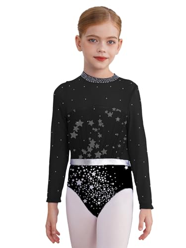 Miaeowve Ballettkleidung Kinder Mädchen Langarm Trikotanzug Stehkragen Tanzbody Strass Glitzer Turntrikot Wettbewerb Tanzkostüm Schwarze Sterne 158-164 von Miaeowve