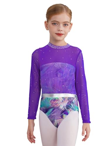 Miaeowve Ballettkleidung Kinder Mädchen Langarm Trikotanzug Stehkragen Tanzbody Strass Glitzer Turntrikot Wettbewerb Tanzkostüm Violett 170 von Miaeowve