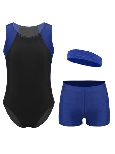 Miaeowve Ballettkleidung Kinder Mädchen Tanzanzug Ärmellos Ballett Body Patchwork Trikot Mit Shorts Haarband Dancewear Navy blau 146-152 von Miaeowve