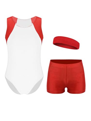 Miaeowve Ballettkleidung Kinder Mädchen Tanzanzug Ärmellos Ballett Body Patchwork Trikot Mit Shorts Haarband Dancewear Rot-Weiss 110-116 von Miaeowve