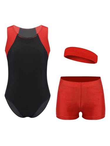 Miaeowve Ballettkleidung Kinder Mädchen Tanzanzug Ärmellos Ballett Body Patchwork Trikot Mit Shorts Haarband Dancewear Rot schwarz 110-116 von Miaeowve