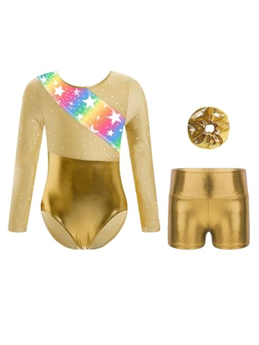 Miaeowve Ballettkleidung Kinder Mädchen Tanzanzug Langarm Balletttrikot Metallic Patchwork Gymnastikbody Mit Shorts Haarband Dancewear Gelb 122-128 von Miaeowve