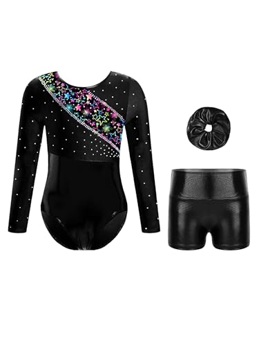 Miaeowve Ballettkleidung Kinder Mädchen Tanzanzug Langarm Balletttrikot Metallic Patchwork Gymnastikbody Mit Shorts Haarband Dancewear Schwarz 122-128 von Miaeowve