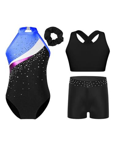 Miaeowve Ballettkleidung Kinder Mädchen Turnanzug Strass Glitzer Body Ärmellos Trikot Mit Sport BH Shorts Haarband 4tlg Dancewear Königsblau 122-128 von Miaeowve