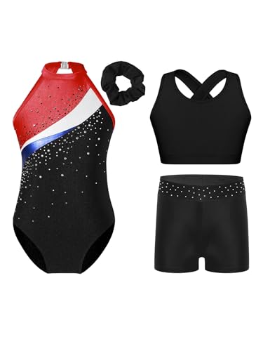 Miaeowve Ballettkleidung Kinder Mädchen Turnanzug Strass Glitzer Body Ärmellos Trikot Mit Sport BH Shorts Haarband 4tlg Dancewear Rot 110-116 von Miaeowve