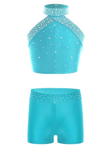 Miaeowve Ballettkleidung Mädchen Zweiteiler Kinder Ärmellos Tanz Shirt Bauchfrei Oberteil Cut Out Top Strass Glitzer Shorts Kurze Hose Tanzkostüm Blau Grün 146-152 von Miaeowve