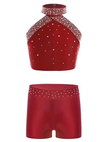 Miaeowve Ballettkleidung Mädchen Zweiteiler Kinder Ärmellos Tanz Shirt Bauchfrei Oberteil Cut Out Top Strass Glitzer Shorts Kurze Hose Tanzkostüm Burgundy 170 von Miaeowve