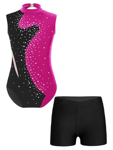 Miaeowve Kinder Mädchen Ballettanzug Ärmellos Ballett Body Strass Glitzer Tanztrikot Stehkragen Trikotanzug Mit Gymnastik Shorts Tanzhose Dancewear Hot Pink & Schwarz 122-128 von Miaeowve