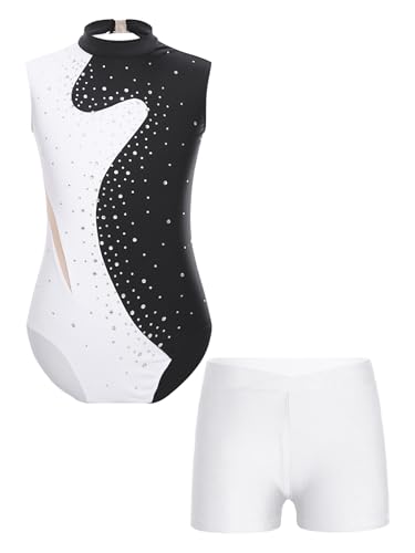 Miaeowve Kinder Mädchen Ballettanzug Ärmellos Ballett Body Strass Glitzer Tanztrikot Stehkragen Trikotanzug Mit Gymnastik Shorts Tanzhose Dancewear Schwarz-Weiss 134-140 von Miaeowve