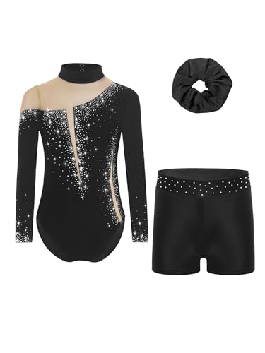 Miaeowve Kinder Mädchen Ballettanzug Strass Glitzer Gymnastikbody Langarm Tanztrikot Mit Shorts Haarband 3tlg Tanzkostüm A Schwarz 134-140 von Miaeowve