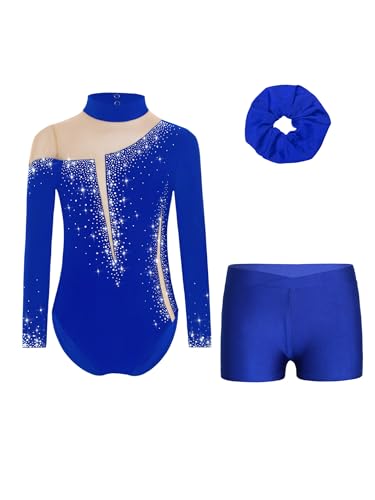 Miaeowve Kinder Mädchen Ballettanzug Strass Glitzer Gymnastikbody Langarm Tanztrikot Mit Shorts Haarband 3tlg Tanzkostüm B Königsblau 134-140 von Miaeowve