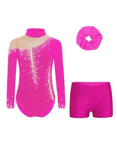 Miaeowve Kinder Mädchen Ballettanzug Strass Glitzer Gymnastikbody Langarm Tanztrikot Mit Shorts Haarband 3tlg Tanzkostüm B Pink 110-116 von Miaeowve