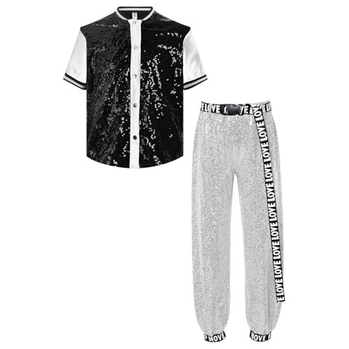 Miaeowve Kinder Mädchen Hip Hop Street Dance Kleidung Set Kurzarm Pailletten Jacke Locker Leggings Mit Buchstaben Print Hose 2tlg Dancewear Schwarz 170 von Miaeowve