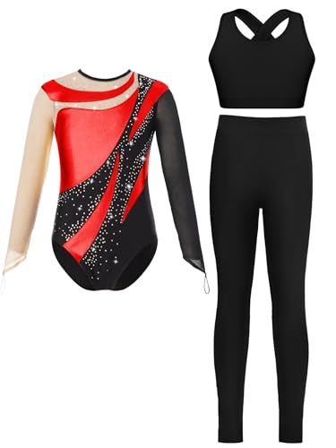 Miaeowve Kinder Turnanzug Mädchen Langarm Gymnastikanzug Strass Glitzer Ballettanzug Mit Sport BH Lang Gymnastikhose 3tlg Tanzkostüm Rot 134-140 von Miaeowve