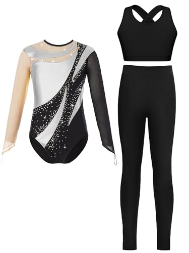 Miaeowve Kinder Turnanzug Mädchen Langarm Gymnastikanzug Strass Glitzer Ballettanzug Mit Sport BH Lang Gymnastikhose 3tlg Tanzkostüm Silber 122-128 von Miaeowve