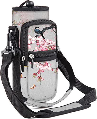 Mibbxea 25oz Wasserflaschenhalter-Tragetasche – Isolierte Umhänge-Slingtasche mit Gurt und Fächern für Herren und Damen Fitnessstudio Reisen Camping Radfahren Wandern Laufen (Graue,Rosa Blumen&Vogel) von Mibbxea