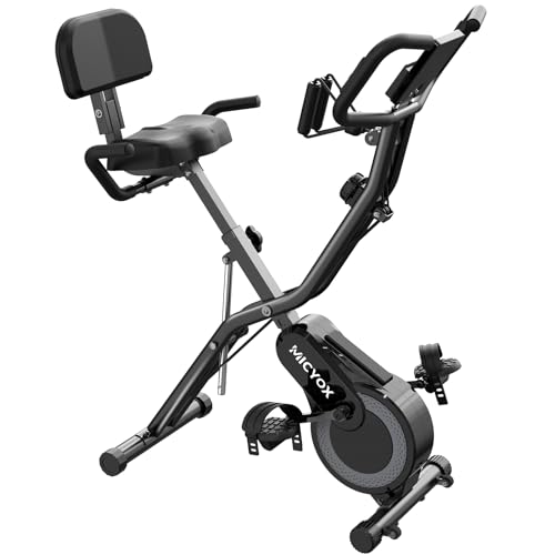 Heimtrainer Fahrrad Klappbar, Micyox MX711 Hometrainer Fahrrad mit Übergroßes Sitzkissen, Widerstandsbändern, Anzeigemonitor und Herzfrequenzsensor Fitnessbikes, Magnetisch von Micyox