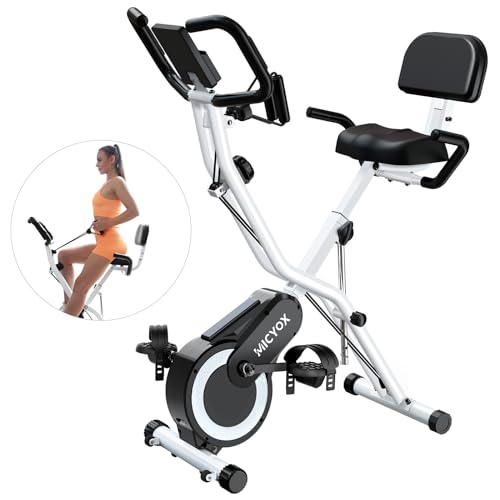 Heimtrainer Fahrrad Klappbar, Micyox MX711 Hometrainer Fahrrad mit Übergroßes Sitzkissen, Widerstandsbändern, Anzeigemonitor und Herzfrequenzsensor Fitnessbikes von Micyox