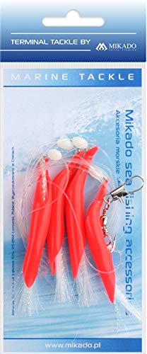 MIKADO Hair Tube Rig, Paternoster Vorfach ideal für Dorsch, mit rotem Schlauch und gelben oder weißen Federn, mit Hakengrößen 1/0 und 3/0 (Vorfach 1/0 - Rot-Weiß) von Mikado