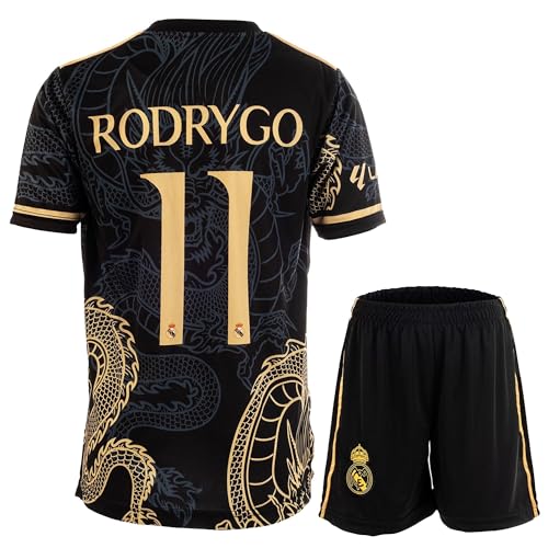 Mikalay Madrid Rodrygo #11 Retro Black Dragon Limitierte Sonderedition Seltenes Fußball Kinder Trikot Shorts Set Jugendgrößen (Schwarz,140) von Mikalay