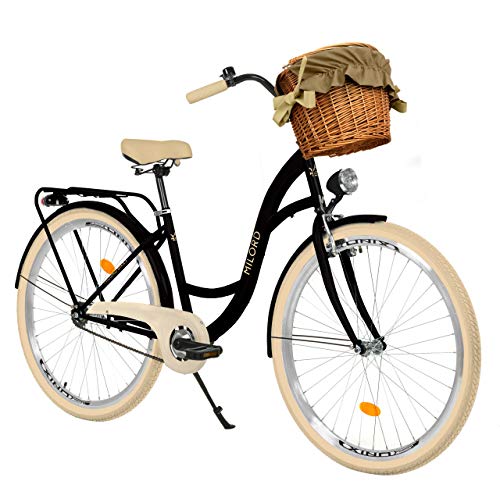 MILORD. 28 Zoll 1-Gang, schwarz und Creme, Komfort Fahrrad mit Korb und Rückenträger, Hollandrad, Damenfahrrad, Citybike, Cityrad, Retro, Vintage von MILORD