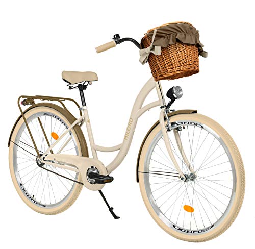 MILORD. 26 Zoll 1-Gang Creme-braun Komfort Fahrrad mit Korb und Rückenträger, Hollandrad, Damenfahrrad, Citybike, Cityrad, Retro, Vintage von MILORD