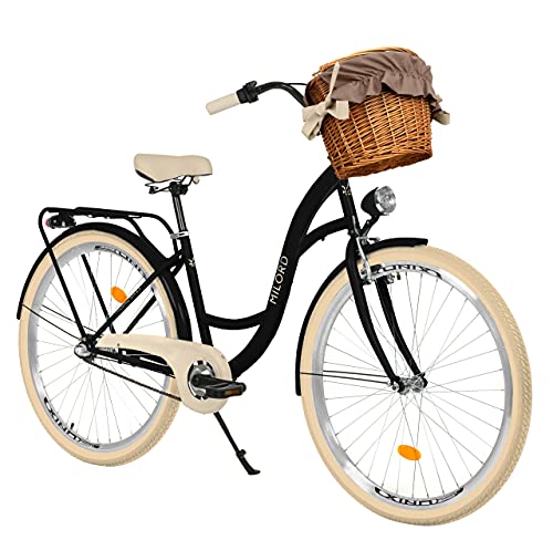 MILORD. 26 Zoll 3-Gang, schwarz und Creme, Komfort Fahrrad mit Korb und Rückenträger, Hollandrad, Damenfahrrad, Citybike, Cityrad, Retro, Vintage von MILORD