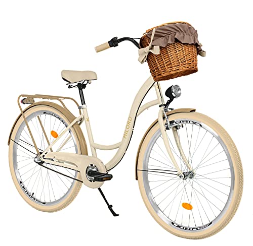 MILORD. 26 Zoll 3-Gang Creme-braun Komfort Fahrrad mit Korb und Rückenträger, Hollandrad, Damenfahrrad, Citybike, Cityrad, Retro, Vintage von MILORD