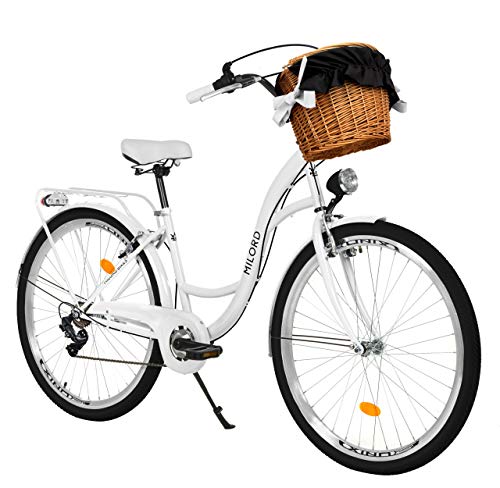 MILORD. 26 Zoll 7-Gang weiß Komfort Fahrrad mit Korb und Rückenträger, Hollandrad, Damenfahrrad, Citybike, Cityrad, Retro, Vintage von MILORD
