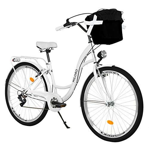 MILORD. 26 Zoll 7-Gang weiß Komfort Fahrrad mit Korb und Rückenträger, Hollandrad, Damenfahrrad, Citybike, Cityrad, Retro, Vintage von MILORD