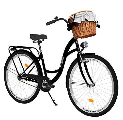 MILORD. 28 Zoll 1-Gang schwarz Komfort Fahrrad mit Korb und Rückenträger, Hollandrad, Damenfahrrad, Citybike, Cityrad, Retro, Vintage von MILORD