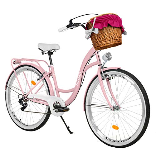MILORD. 28 Zoll 7-Gang Rosa Komfort Fahrrad mit Korb und Rückenträger, Hollandrad, Damenfahrrad, Citybike, Cityrad, Retro, Vintage von MILORD