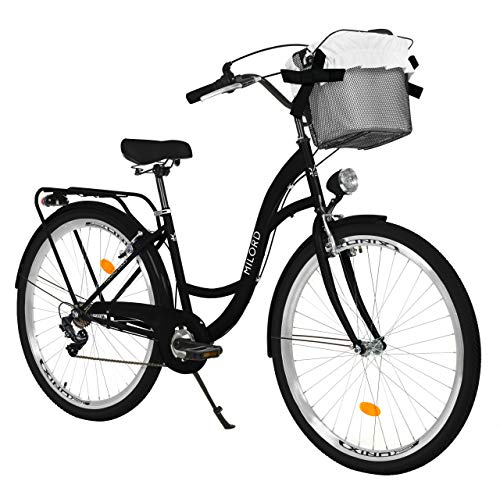 MILORD. 28 Zoll 7-Gang schwarz Komfort Fahrrad mit Korb und Rückenträger, Hollandrad, Damenfahrrad, Citybike, Cityrad, Retro, Vintage von MILORD