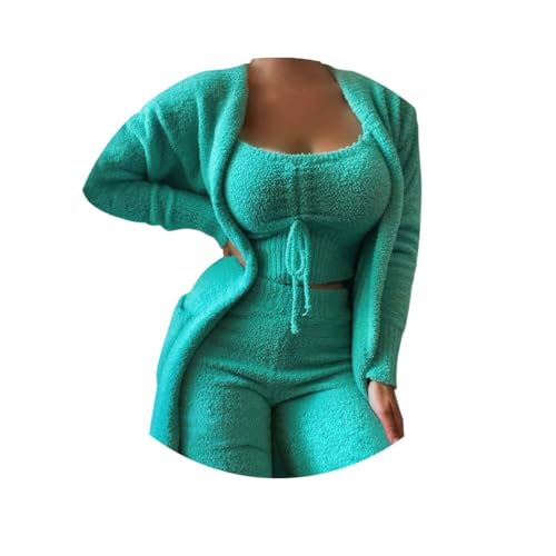 Minetom Damen 3-Teiliges Lounge Set Solid Plush Pyjamas Loungewear-Outfits Crop Tops Mit U-Ausschnitt Und Hoher Taille Hose Mit Offener Vorderseite Und Offener Strickjacke C Grün L Minetom Damen 3-Teiliges Lounge Set Solid Plush Pyjamas Loungewear-Outfits Crop Tops Mit U-Ausschnitt Und Hoher Taille Hose Mit Offener Vorderseite Und Offener Strickjacke C Grün L von Minetom