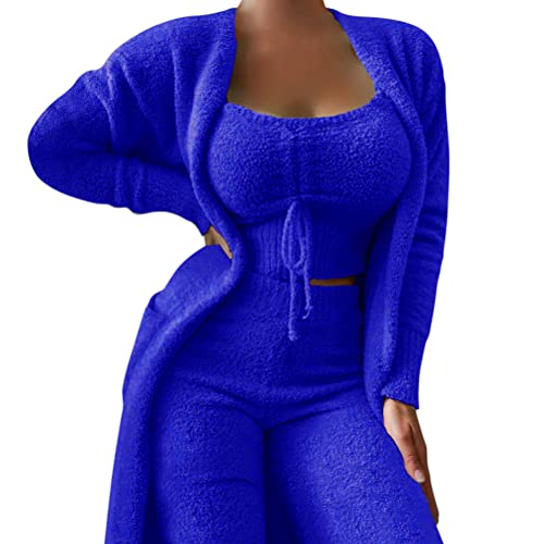 Minetom Damen 3-Teiliges Pyjamas Lounge Set Solid Plush Loungewear-Outfits Crop Tops Mit U-Ausschnitt Und Hoher Taille Hose Mit Offener Vorderseite Und Offener Strickjacke C Blau XXL von Minetom