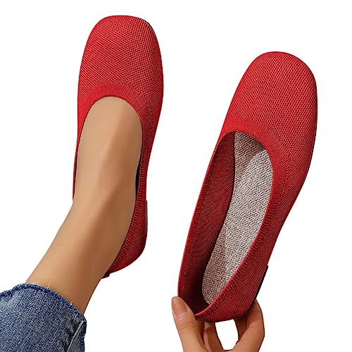 Minetom Damen Ballerina Slip On Schuhe rutschfest Stricken Sneaker Bequem Atmungsaktiv Sommer Sportlich Frauen Flache Schuhe Komfort Flats Schuhe B Rot 40 EU von Minetom