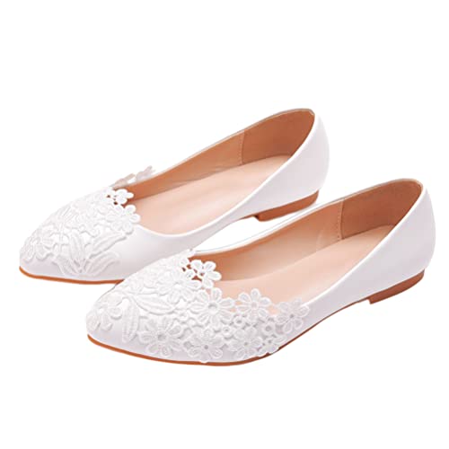 Minetom Damen Braut Hochzeit Abend Party Schuhe Frauen Spitzen Blume Flache Ballerinas Elegante Kleid Brautschuhe C Weiß 42 EU von Minetom